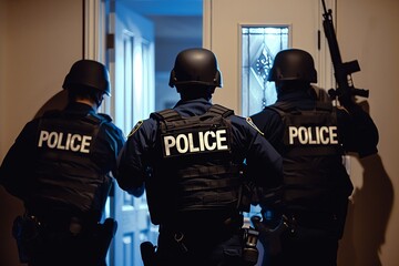 Police officers knocking at a front door of a house