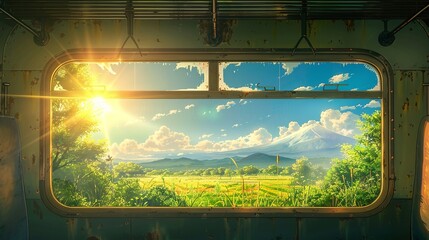 Fuji can be seen from an old train, with a beautiful field and clouds in front of it - obrazy, fototapety, plakaty