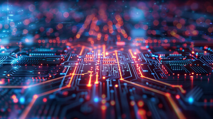 Obraz premium Close up of a high technology futuristic circuit board with neon light.