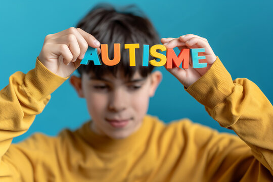 Boy holding the sign  "AUTISME" (French word for AUTISM) made of colored letters, the child is not looking at the camera, avoiding eye contact, his face is blurred, photo on blue background
