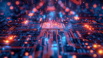 Close up of a high technology futuristic circuit board with neon light. - obrazy, fototapety, plakaty