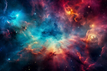 Colorful red blue nebula in space. Bright stars against interstellar gas cloud - obrazy, fototapety, plakaty