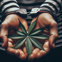 Handcuffed hands of an arrested cannabis consumer. Cannabis leaf. Consumer was caught with weed and arrested. Law and police concept. Legalization. Marijuana ganja weed. Generative AI - obrazy, fototapety, plakaty