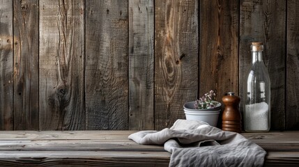 A cloth napkin is placed on a rustic table with a wooden plank board background. - obrazy, fototapety, plakaty