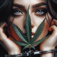 Close up of an arrested cannabis consumer with handcuffed hands. Cannabis leaf. Consumer was caught with weed. Law and police concept. Legalization. Marijuana ganja weed. Generative AI - obrazy, fototapety, plakaty