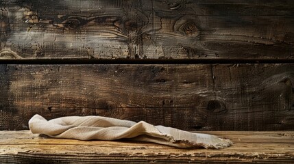 A cloth napkin is placed on a rustic table with a wooden plank board background. - obrazy, fototapety, plakaty