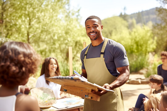 An African American male teacher conducts an art class outdoors. Students drawing with inspiration from the vibrant landscape on background. Concept of integrating natural beauty in artistic learning