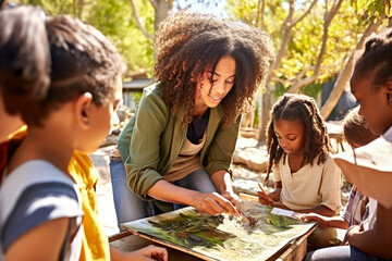 African American female art teacher leading crafting class for diverse group of children students. Summer nature on background. Concept of art diy lessons, interactive outdoor art workshop education