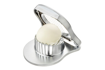open metal design egg slicer with uncut egg isolated on white background	