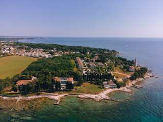 Aerial View of Savudrija Lighthouse and Rocky Beach, Croatia - 764365507