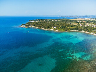 Beach, Sea Bay, Lagoon and Houses. Aerial View of Savudrija, Croatia. - 764365513