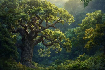 Ancient Oak: A Testament to Strength and Renewal - Picture a majestic oak tree standing tall in a lush forest, its broad branches reaching towards the sky. - obrazy, fototapety, plakaty