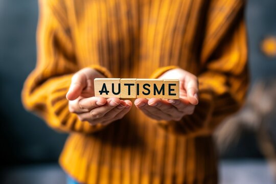 Hands holding a sign reading "AUTISME" (French word for AUTISM), a person wearing a yellow jersey in blurred bokeh background, illustration of a woman with autism,   autistic spectrum information