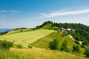 View from Sveti Jakob hill, Landscape with Mountains and Green Meadows. Slovenia, Europe - 764365781