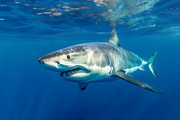 Great White Shark in blue ocean. Underwater photography. Predator hunting near water surface - obrazy, fototapety, plakaty