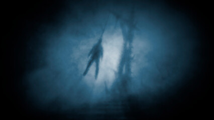 Scary big gallows with dead man hanging from it. Creepy grunge 2D illustration. Horror fantasy genre. Gloomy hellish visions. Gloomy nightmares. Black and blue background. Apocalyptic doomsday theme.