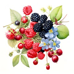 raspberries, blackberries, botanical watercolor, on a white background