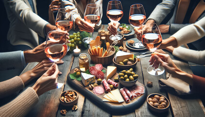 Toast to Friendship with Rosé Wine Over Cheese and Fruit - obrazy, fototapety, plakaty