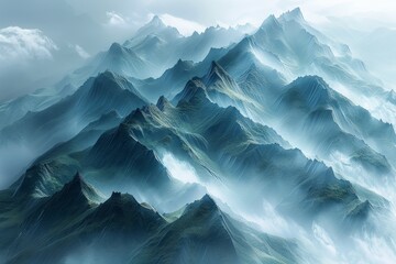 A mountain landscape where the peaks fold into each other like paper concept of a living