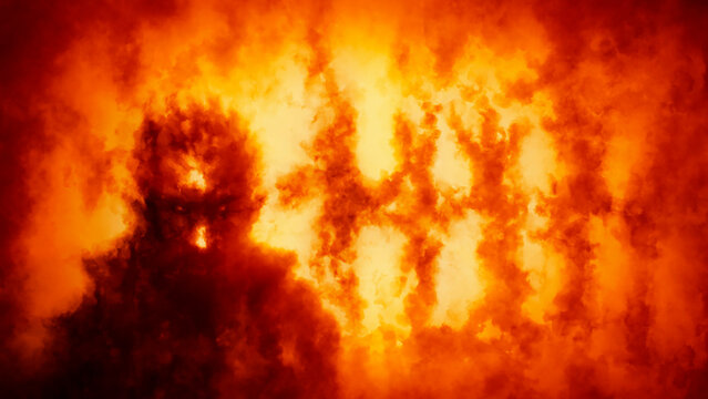 Scary man silhouette stands with his back to fire. Burning house 2d illustration. Horror fantasy genre. Dark visions hell. Creepy Halloween. Apocalyptic doomsday theme. Orange background.