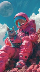 Astronaut in a vivid pink suit, holding a turquoise cat, on Mars