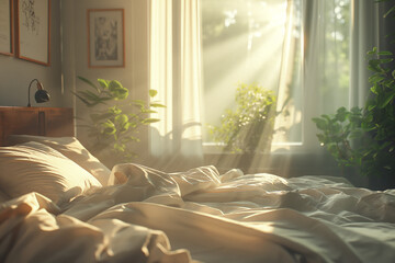 Sun rays shine through on a soft inviting comfortable bed