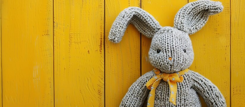 A cute hand knitted bunny on a yellow wooden background, detailed, high resolution photography