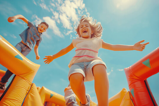Happy children play and laugh on a bouncy castle in the summer