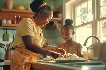 African American grandmother teaches her grandchild a family recipe in the kitchen