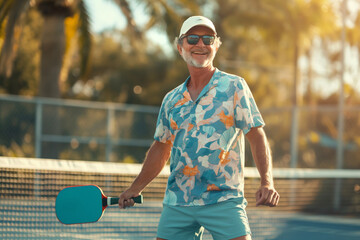 Happy man holding a pickleball paddle smiles on an outdoor court in the summer