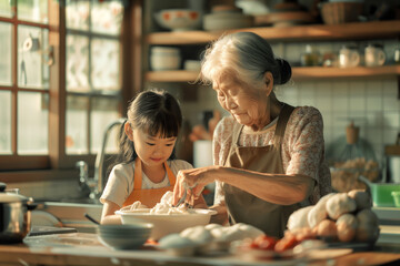 Asian grandmother teaches her grandchild a family recipe in the kitchen