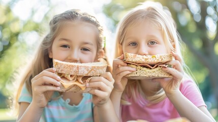 Two young and attractive girls are enjoying a meal of nutritious sandwiches while on their lunch