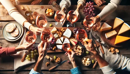 Fotobehang Toast to Friendship with Rosé Wine Over Cheese and Fruit © arinahabich