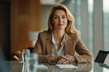 Confident businesswoman in a suit poses for a portrait in a corporate office boardroom
