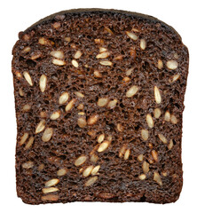 Dark bread slice with sunflower seeds, isolated on white.