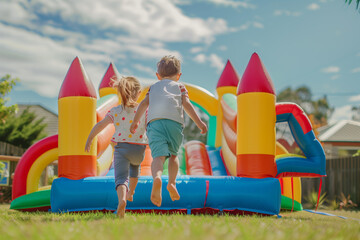 Happy children run to play on a bouncy castle in the summer