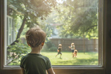 Young boy wants to play outside in the backyard with the other children