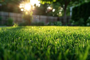 Freshly cut and landscaped healthy green grass lawn in the backyard