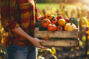 Woman holding a farm crate of fresh picked organic farm vegetables