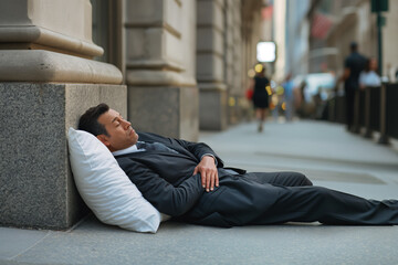 Corporate finance businessman exhausted and stressed sleeping on a sidewalk in the city