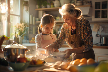 Grandmother teaches her grandchild a family recipe in the kitchen - obrazy, fototapety, plakaty