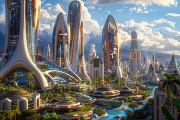 Futuristic Cityscape with Utopian Modern Architecture under a Clear Blue Sky - obrazy, fototapety, plakaty