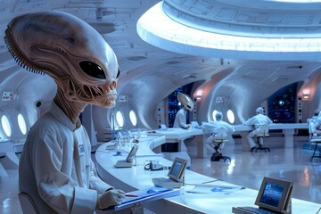 Futuristic Alien Command Center with Advanced Technology Control Panels and Crew