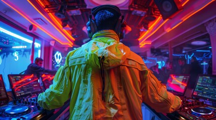 DJ in a neon lime green jacket, electric club scene, fisheye
