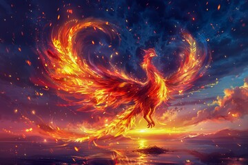 Majestic Phoenix Rising from the Flames at Sunset over Ocean, Mythical Fire Bird with Resplendent Wings Illuminated by Twilight