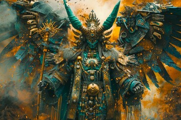 Majestic Fantasy Warlord in Ornate Armor with Mystical Background, Artistic Conceptual Design - obrazy, fototapety, plakaty