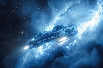 Majestic Spaceship Speeding Through an Intergalactic Nebula with Brilliant Blue Lights and Stars