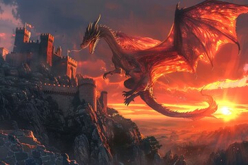 Majestic Red Dragon Perched on Ancient Castle Ruins at Sunset with Fiery Skies and Cloudy Backdrop in Fantasy Landscape Illustration