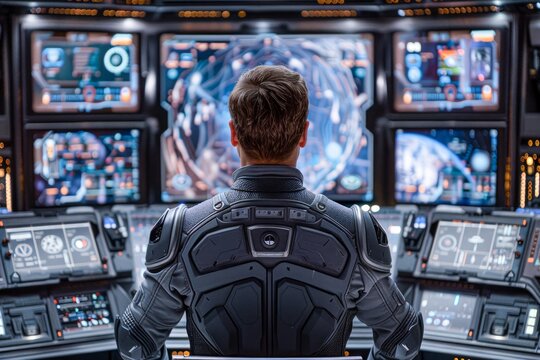 Male Astronaut Analyzing Futuristic Interface with Globe Hologram in Spacecraft Control Room