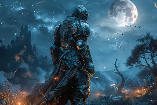 Fototapeta Mysterious Armored Warrior in Enchanted Moonlit Forest Fantasy Scene